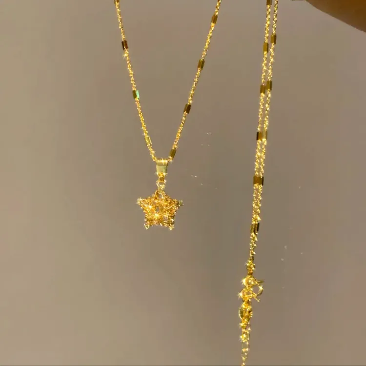 铜合金项链 新中式织梦网梦星爆闪碎冰冰镂空星星吊坠项链精致