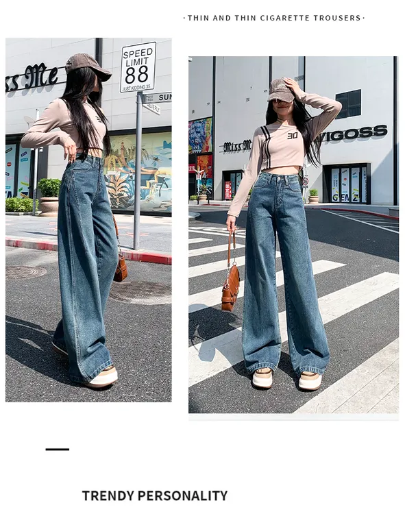 女水洗高腰牛仔裤蓝色窄版直筒裤时尚复古秋冬季拖地裤