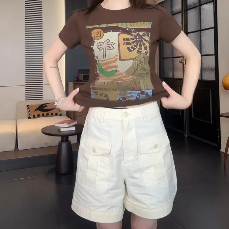 设计感夏日海边度假圆领短袖T恤+百搭高腰显瘦短裤LK2504302