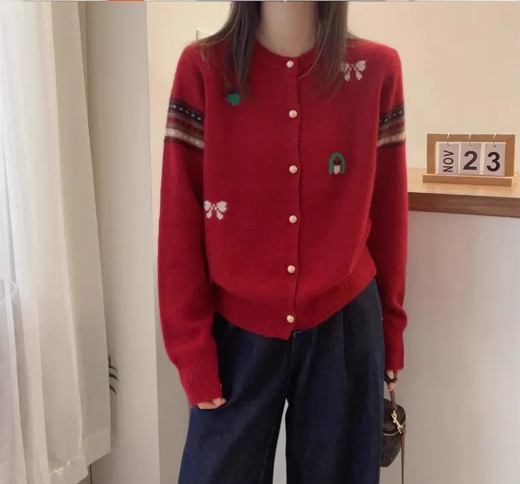 哥弟阿玛施正红色毛衣女款2025冬新款爆款外穿羊毛针织开衫外套