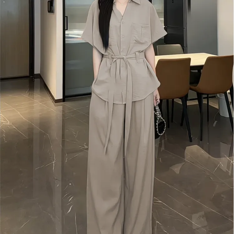 高级小众不撞款套装藏蓝色短袖衬衫高腰阔腿裤2025夏季爆款两件套