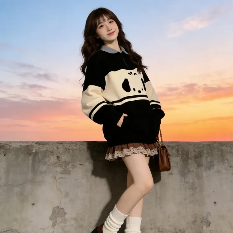 特大码美式复古校园风polo领卫衣女2025款秋冬加绒加厚情侣上衣潮