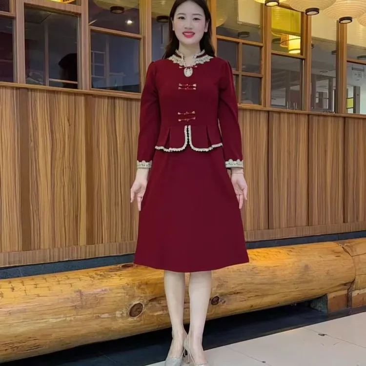 长袖假两件连衣裙女2025春秋新款妈妈喜婆婆婚宴礼服裙