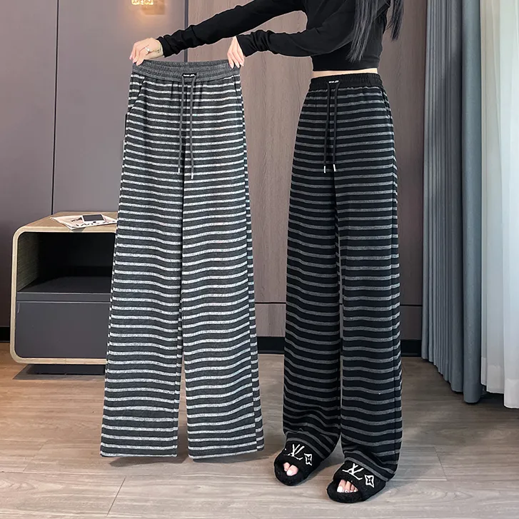 窄版阔腿裤女春秋2025新款宽松慵懒直筒休闲裤高腰垂感条纹拖地裤