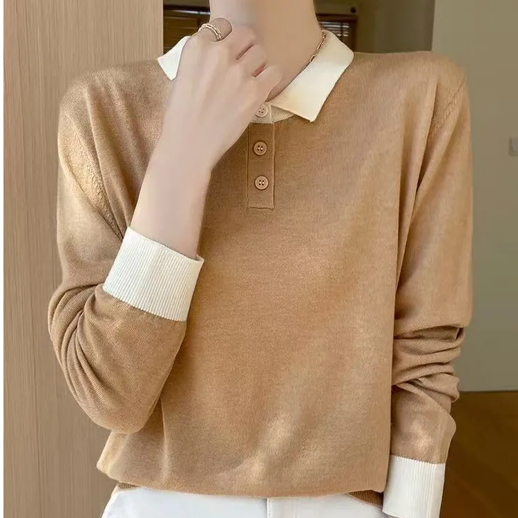 长袖polo领针织打底衫女秋冬2025新款薄款内搭羊毛毛衣polo衫214