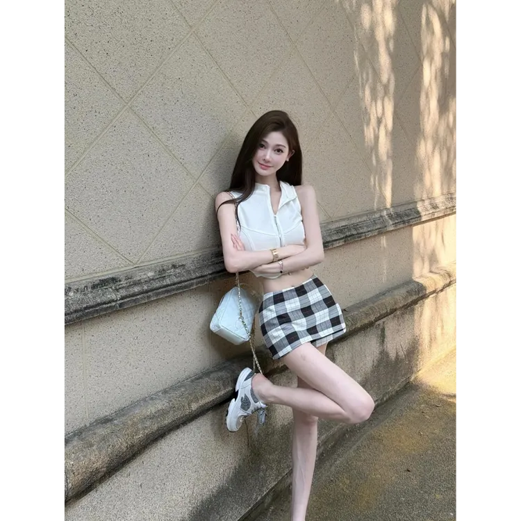 美式辣妹2025夏季新款设计感拉链无袖背心上衣配复古格纹裙裤套装