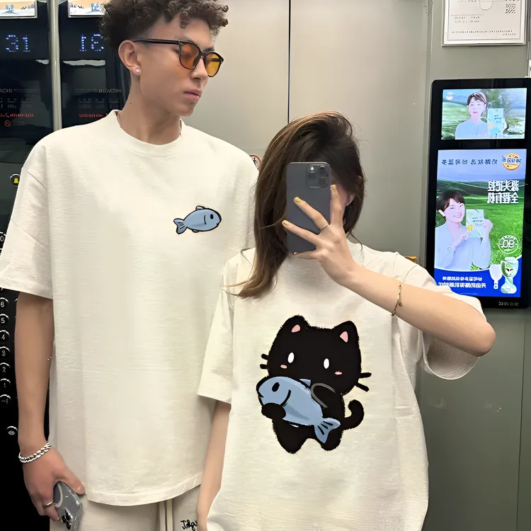 抱鱼猫特别不一样的网红情侣装t恤2025新款夏季装短袖白灰色衣服