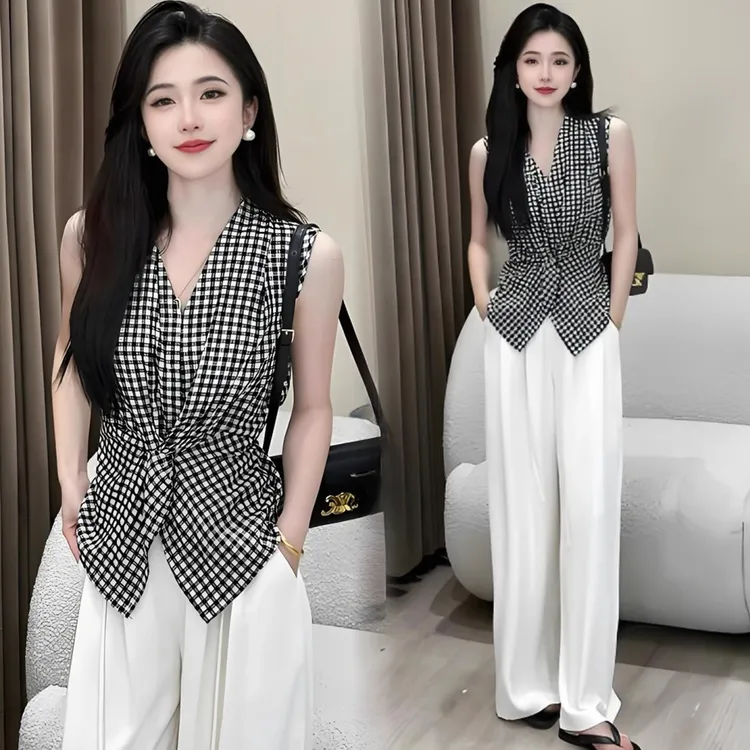 拉夏贝尔高级感时尚套装女夏季新款无袖上衣显瘦阔腿裤休闲两件套