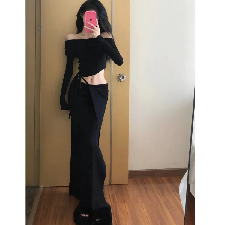 性感显瘦气质秋季辣妹风静奢风时尚套装美拉德风小众露肩上衣半裙
