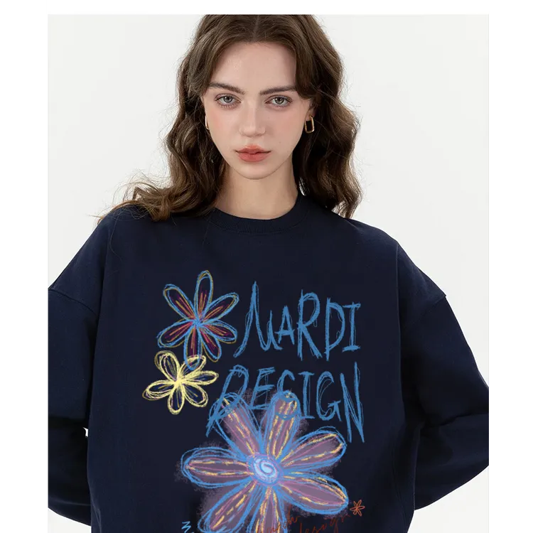 Mardi涂鸦雏菊花朵插肩卫衣套头款圆领情侣印花设计感ins风长袖