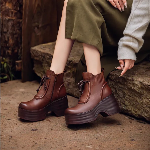 纪诗哲女鞋松糕底防滑耐磨马丁靴女款秋冬爆款真皮复古高跟短靴子