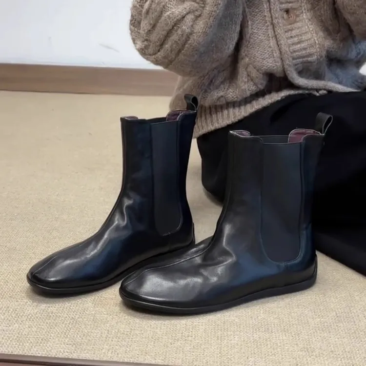 羊皮版~2025秋冬新款复古风圆头内增高短靴百搭显瘦切尔西靴女款