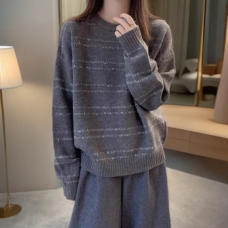 冬季圆领长袖宽松显瘦女装新款时尚拼接套头条纹保暖减龄针织毛衣