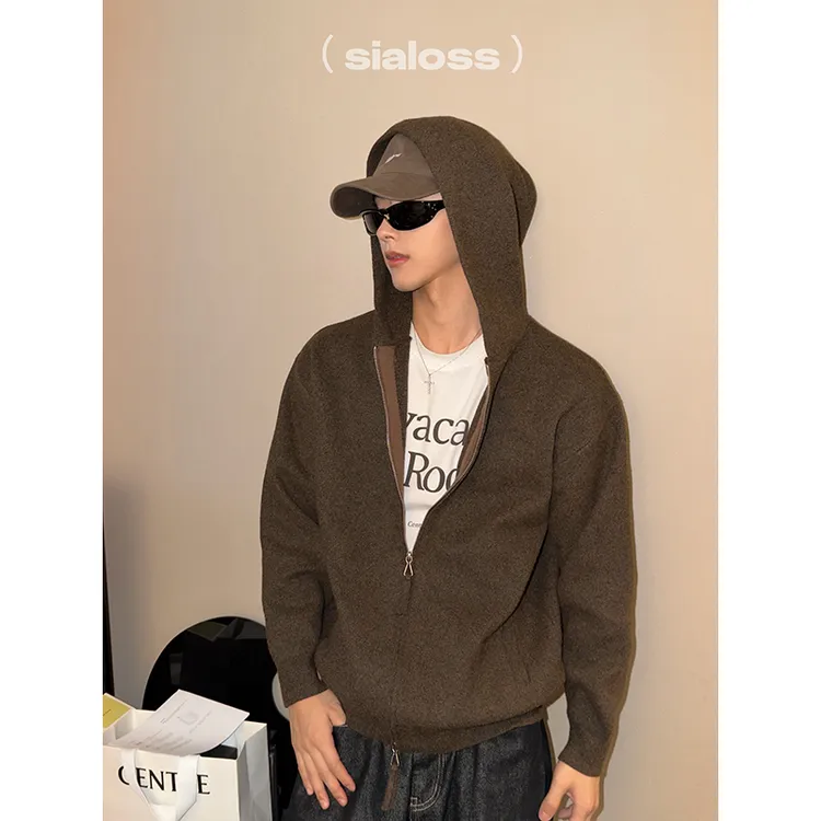Sialoss针织外套男秋冬2025新款连帽上衣服宽松休闲潮流复古开衫
