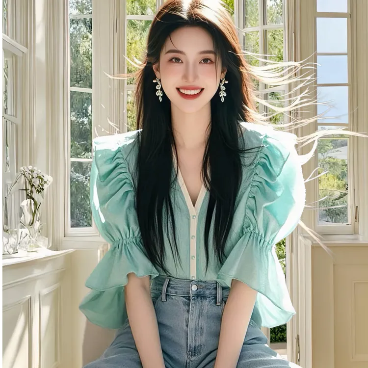 2025夏季新款漂亮小衫薄荷绿泡泡袖短袖衬衫女士轻奢减龄洋气