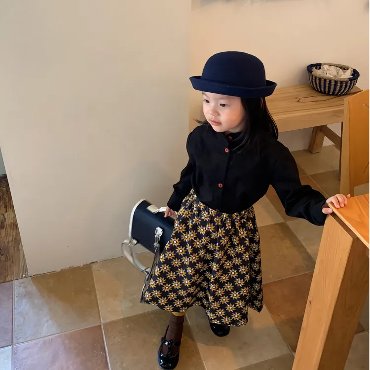 壹妈碎花套装秋季半身裙女童韩版时髦长袖黑色衬衫上衣百搭休闲