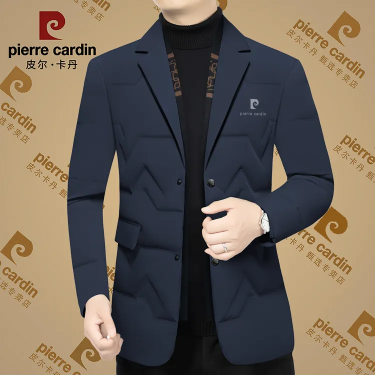 皮尔卡丹冬季新款高档男士羽绒西服中年保暖修身百搭鸭绒羽绒服男