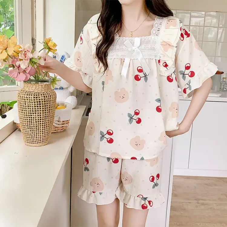 睡衣女夏季短袖套装新款薄款女士带胸垫宽松三件套家居服夏天