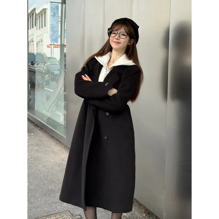 羊毛大衣韩系假两件高贵气质百搭长款宽松女装秋冬加棉新款8079