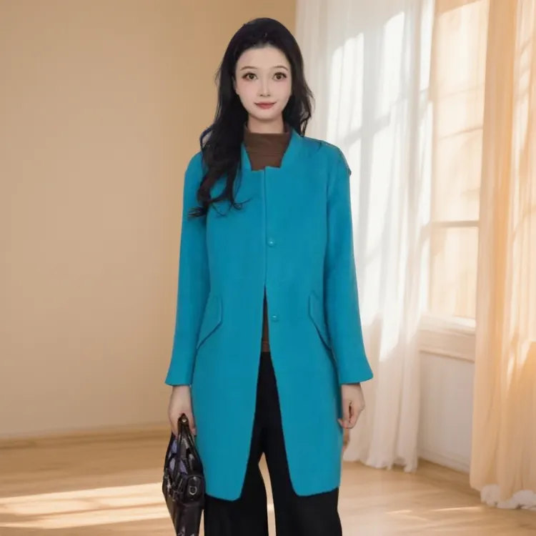 乔万尼蓝色中长款女装舒适休闲简约大方羊毛保暖外套E154A287