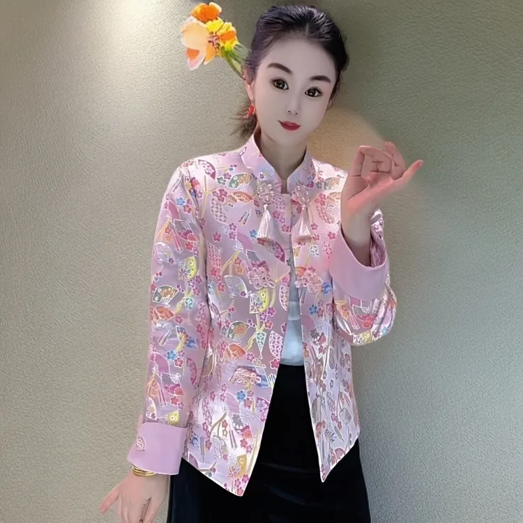 新中式上衣女士短款气质高级盘扣秋冬季刺绣加厚外套立领百搭休闲