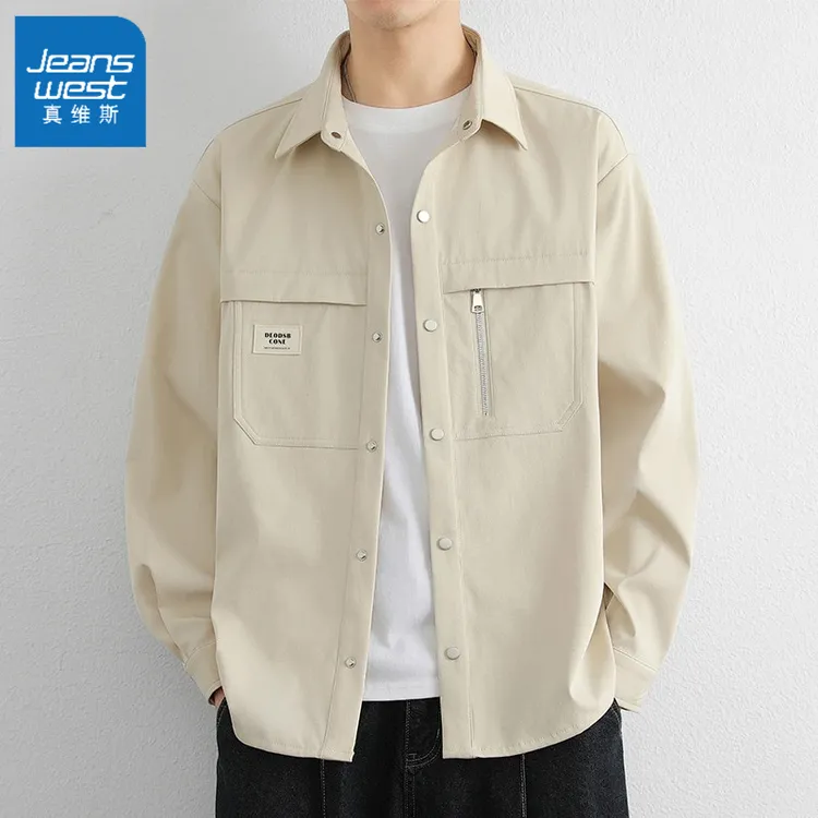 Jeanswest/真维斯长袖衬衫外套男士春秋季美式痞帅工装百搭衬衣男
