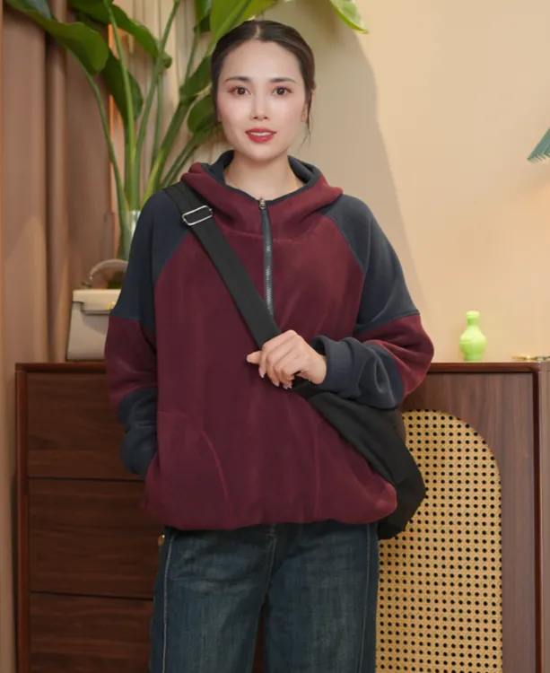 秋冬保暖厚下摆抽绳拼接连帽拼色拉链卫衣春秋女装加绒加厚