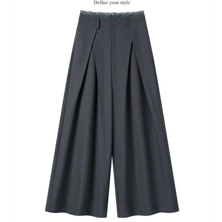 【5个码数】高级灰蕾丝垂感休闲裤女拖地阔腿直筒裤Y50449486HJ