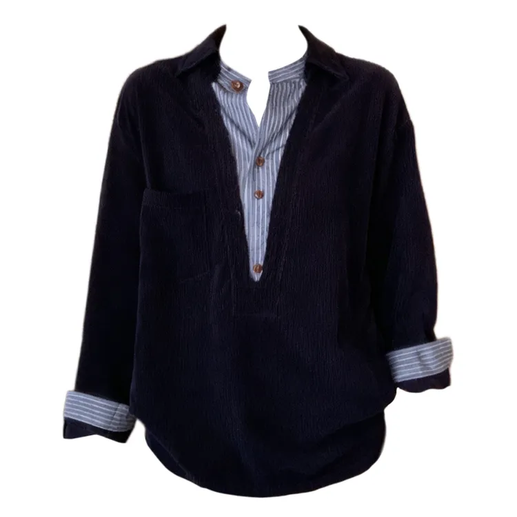 大码胖MM韩版高智风灯芯绒拼接条纹假两件衬衫女秋冬新款复古上衣