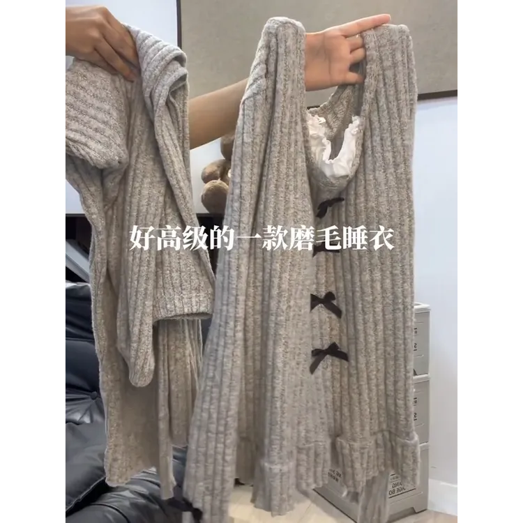 软糯针织半边绒睡衣女2025新款大码亲肤长袖长裤家居服套装可外穿