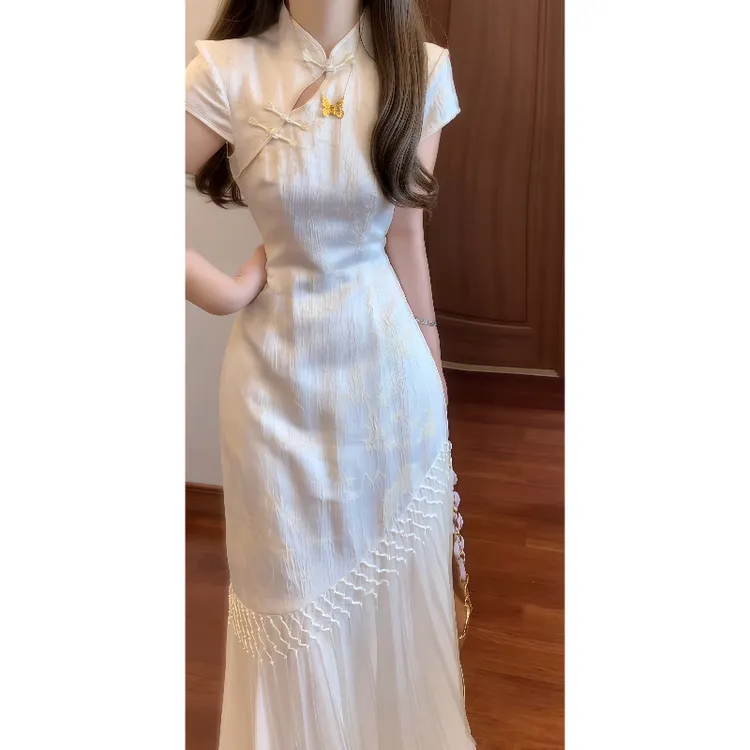 新中式国风轻奢设计贵气千金改良旗袍连衣裙修身流苏拼接长裙9552