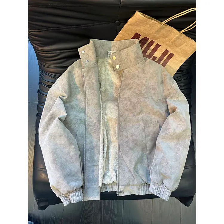 美式扎染皮衣棉服男款秋冬季复古高级感立领排扣加绒夹克外套