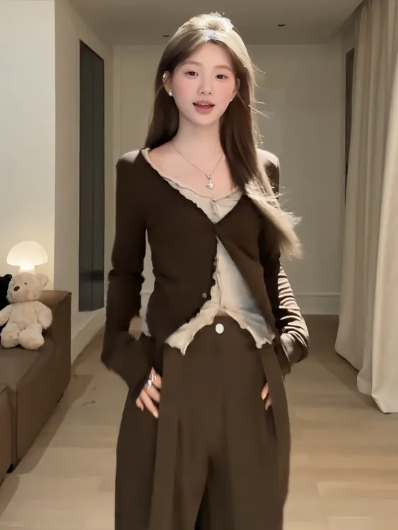 大码胖mm纯欲风撞色V领木耳边假两件长袖T恤女秋别致修身显瘦上衣