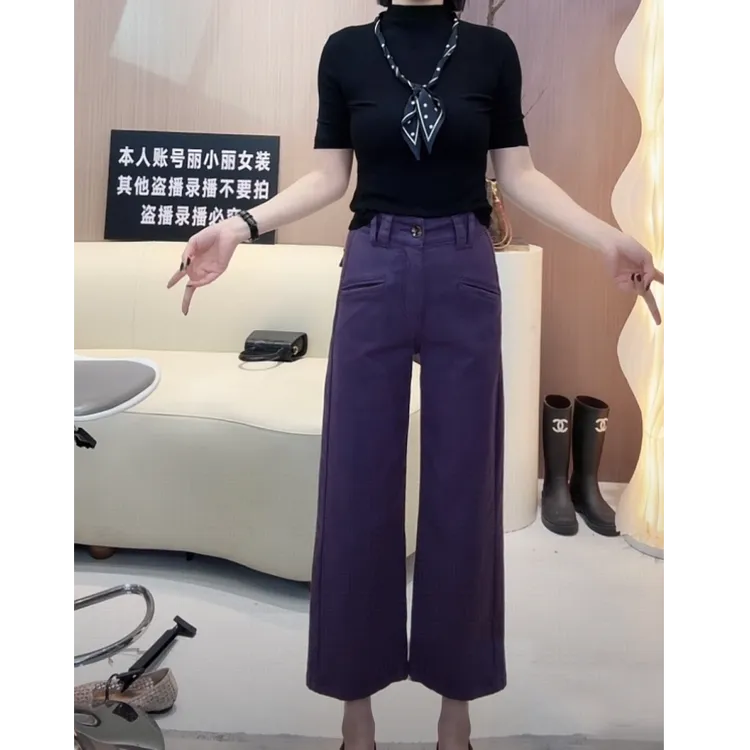 2025秋季新款韩系设计感阔腿直筒牛仔裤小个子九分裤多巴胺色系