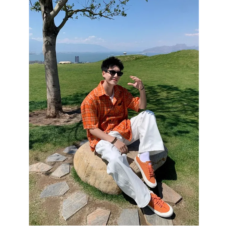 多巴胺格纹短袖衬衫男女夏季美式复古慵懒休闲衬衣情侣半袖上衣