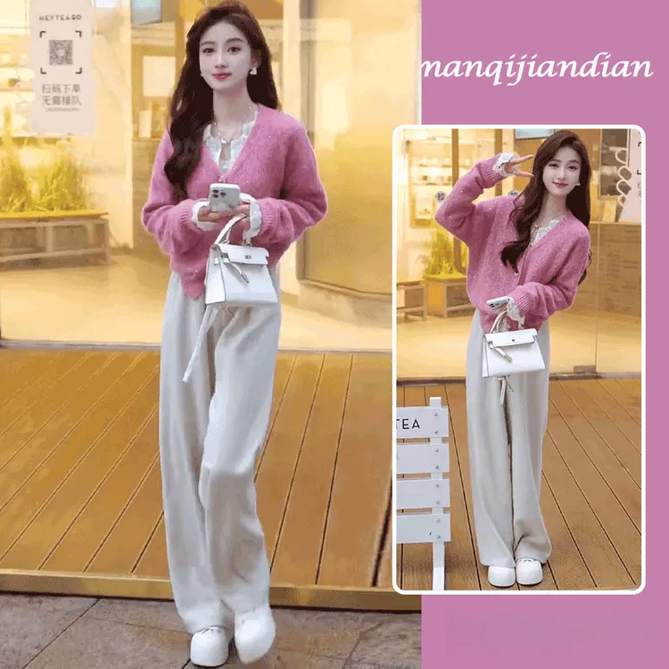 秋冬季穿搭一整套2025新款时尚减龄显瘦V领针织毛衣阔腿裤两件套