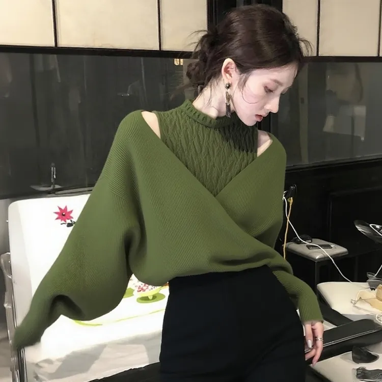 秋冬轻熟风复古绿色假两件针织毛衣奶fufu软糯慵懒松弛感打底衫女