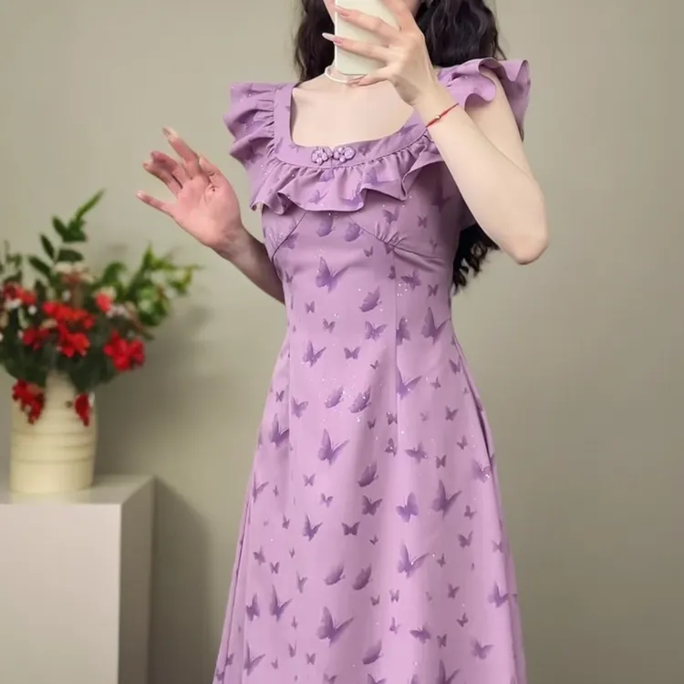 紫色茶歇法式碎花吊带连衣裙子女夏季2025小飞袖紫色蝴蝶连衣裙女