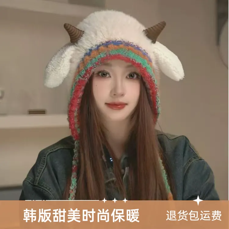 冬季网红韩版甜美毛绒针织女款保暖绑带护耳套头帽时尚户外佩戴