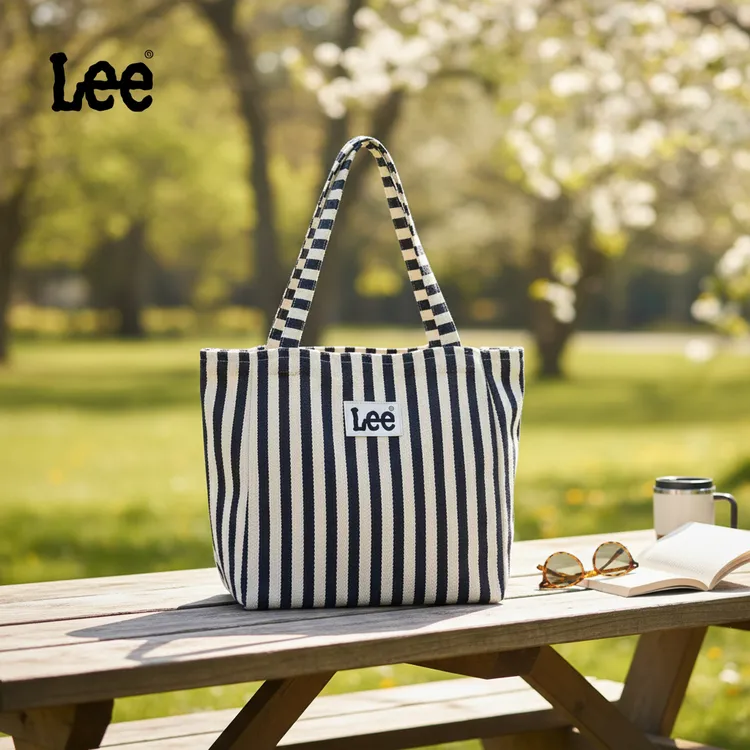Lee蓝白条纹简约风可折叠条纹拼接水洗单肩包撞色百搭手拎包包包