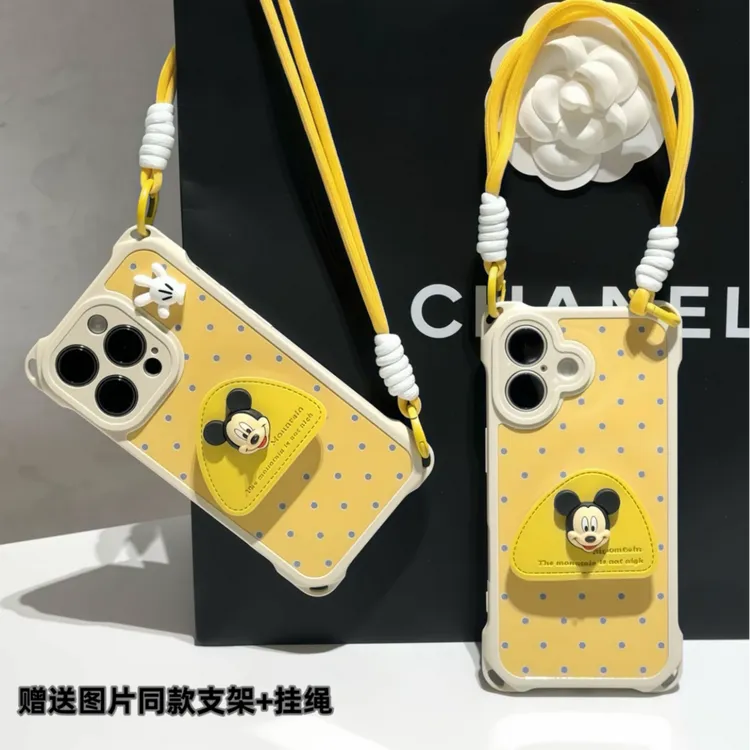 防摔挂绳壳适用苹果iPhone16波点卡通支架mate60防摔米奇手机壳