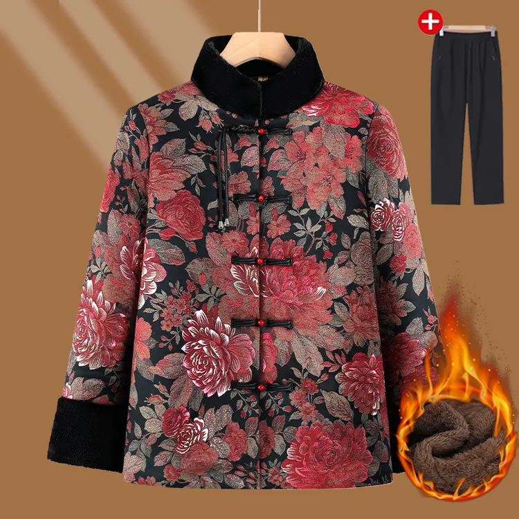 厚款中老年女装加绒奶奶装棉衣中国风老年妈妈装外套民族风立领款