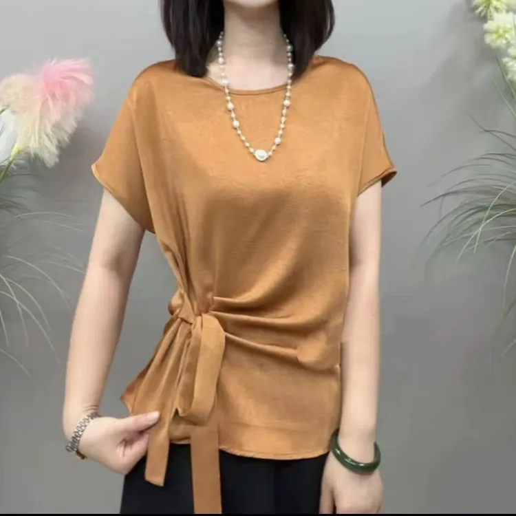 2025夏季新款时尚设计感飘带圆领短袖遮肉显瘦衬衫AS8955