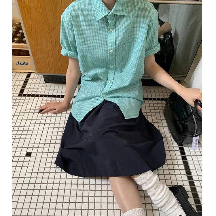 夏日薄荷～复古设计感小众格纹短袖衬衫女宽松显瘦休闲防晒上衣