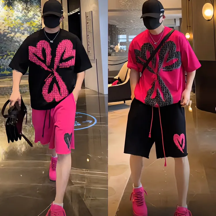 【2485人收藏】美式潮牌爱心印花两件套男夏季韩版宽松情侣款短袖