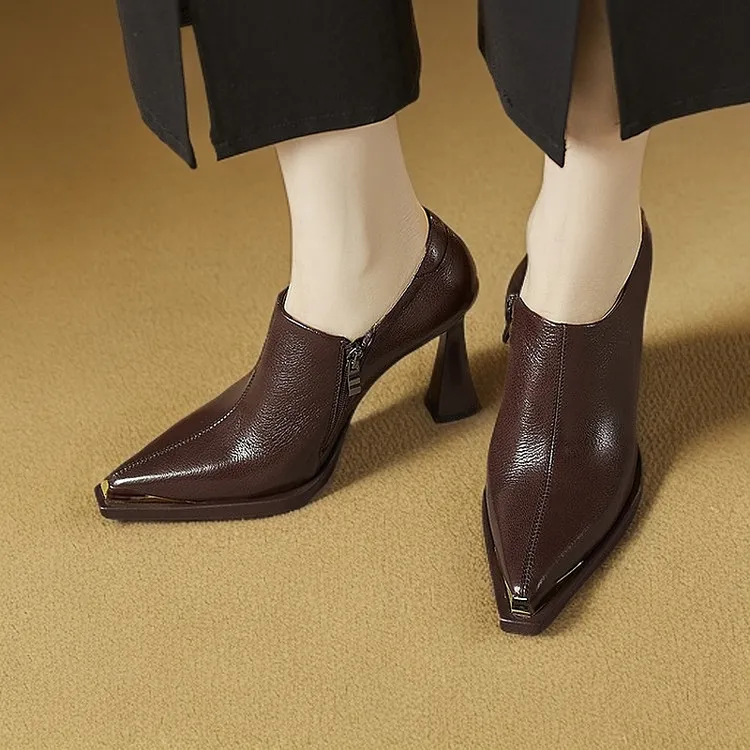 feilunna/妃伦娜9.5+1.2防水台羊皮时尚棕色尖头法式深口单鞋增高