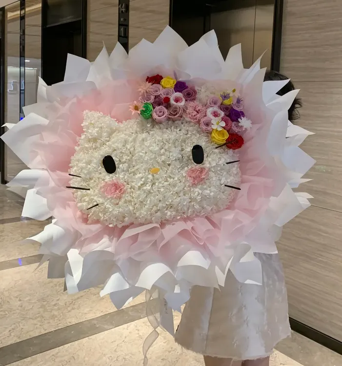 爆火纯手工KT猫大号束永生花花束同城速递全国包邮hellokitty花束