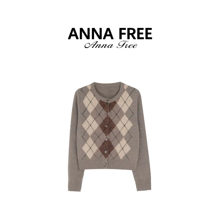 ANNA FREE 菱格毛衣开衫针织外套高级感复古学院风针织衫Z8657