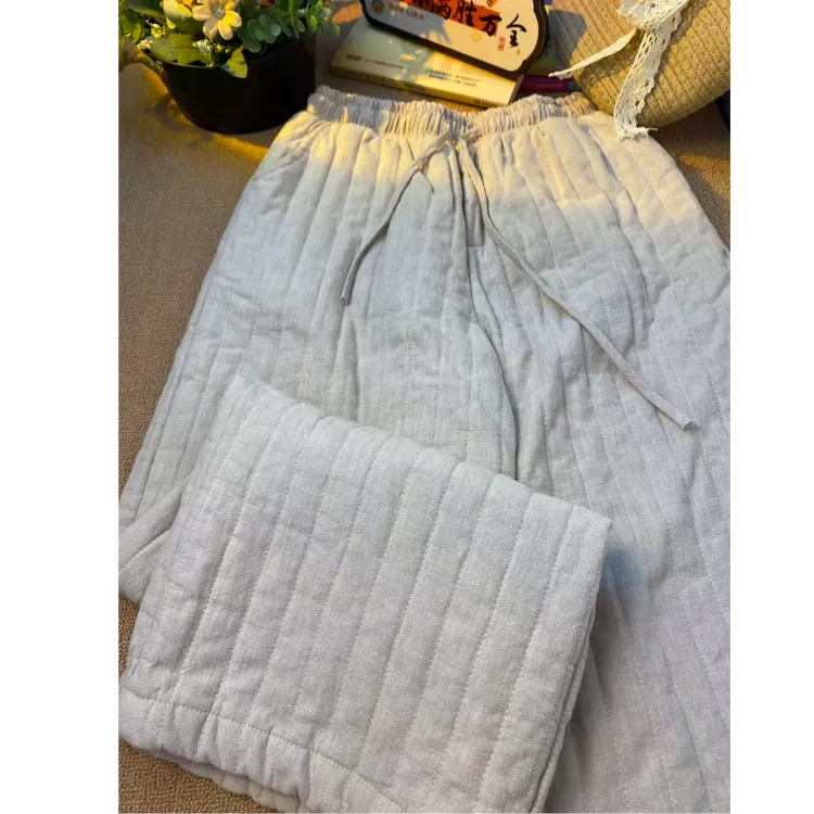 100汉麻新款加厚亚麻夹棉直筒女裤复古时尚抽绳松紧腰