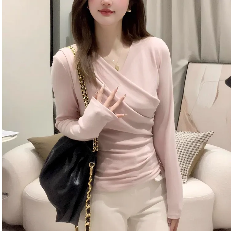 大码胖mm纯欲修身交叉V领褶皱长袖T恤女秋季气质显瘦百搭打底上衣